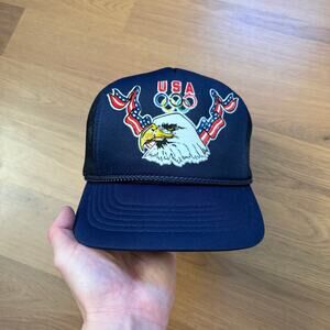 Vintage 80's Drew Pearson Team USA Olympics Bald Eagle Blue Trucker Snapback Hat